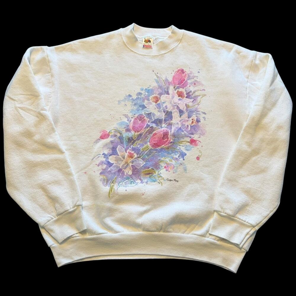 Vintage Fruit Of The Loom Sweatshirt Mens XL White Floral Cape May USA 90s